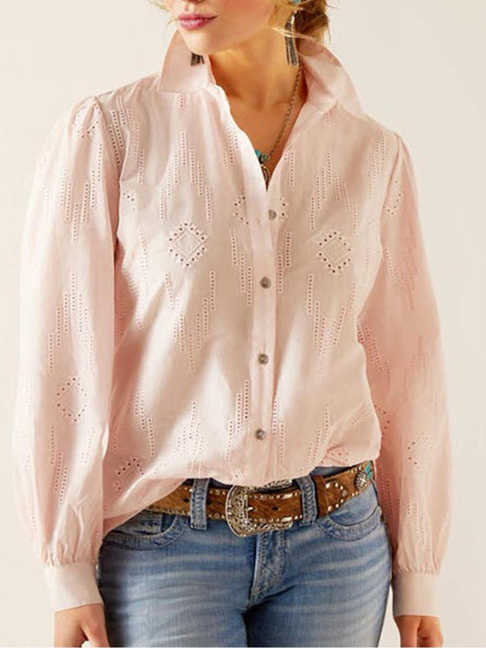 Ariat 100% cotton soft pink eyelet icy romantic button down collar shirt size XS